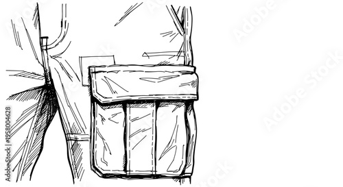 Detailed sketch of cargo pants with prominent pockets, showcasing intricate line work on white background