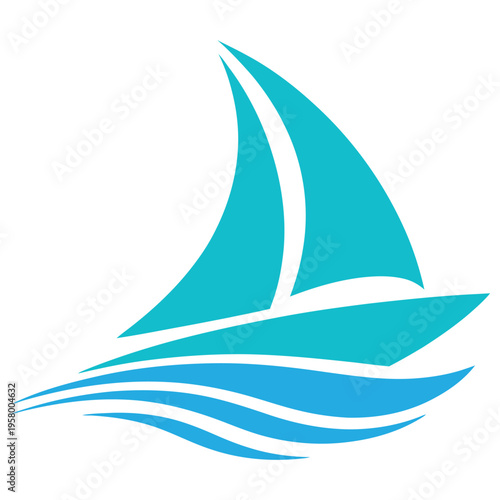 A minimalist vector illustration of a turquoise sailboat gliding over stylized blue ocean waves
