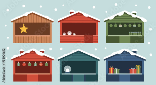 Colorful illustration of festive Christmas market stalls with snow-covered roofs and hanging decorations in a wintry scene