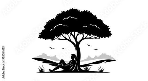 Silhouette of a person reading a book under a large tree.