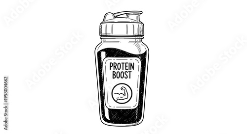 Illustration of protein shake bottle with labeled design, featuring clear plastic and flip-top lid, monochrome sketch style on white background