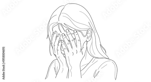 Minimalist line drawing of a woman covering her face with both hands, conveying emotion on a plain white background