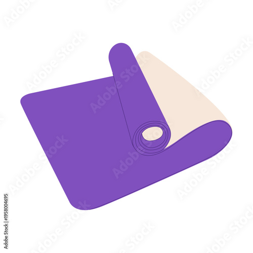 Purple and beige yoga mat partially unrolled for fitness and meditation, flat vector illustration