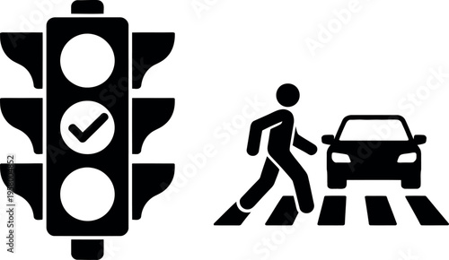 Pedestrian crossing with green walk signal and car waiting at traffic light