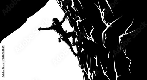 Silhouette of a rock climber scaling a steep cliff face.