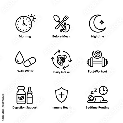 Health and Wellness Icons - Daily Routines and Support.