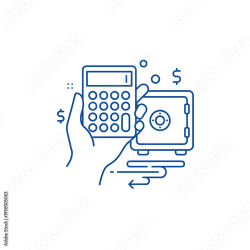 Hand Holding Calculator and Safe Symbolizing Financial Security.