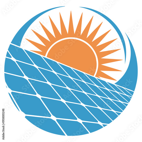 A circular logo design featuring a bright orange sun rising over a blue grid of solar panel cells