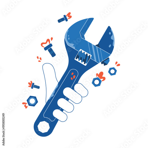 Hand Holding Adjustable Wrench with Tools and Nuts.
