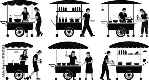 Silhouette illustration of diverse street food vendor carts with workers cooking, serving, and interacting, cultural mobile food service design vector