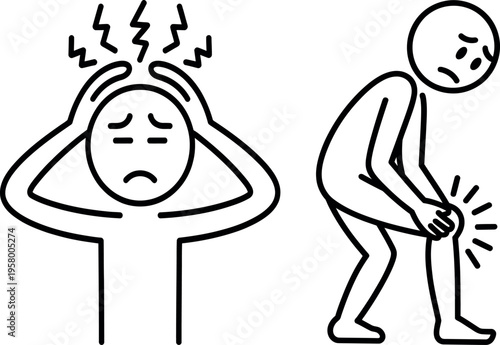Illustrations depicting headache and knee pain symptoms experienced by individuals