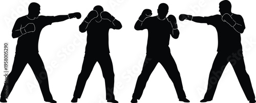 Silhouette illustration of four boxers in different fighting stances with gloves, showing punching, guarding, and striking techniques