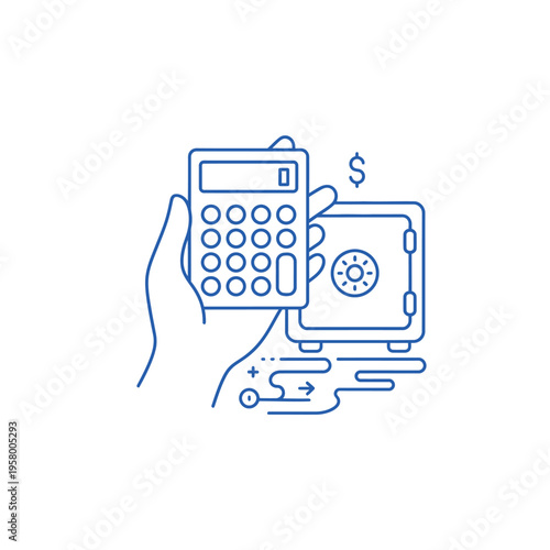 Hand holding calculator and safe with dollar sign.