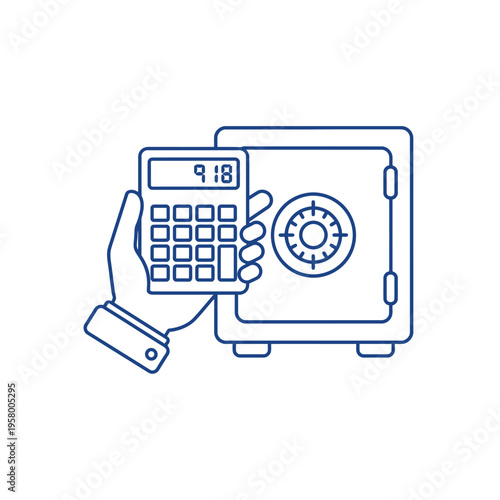 Hand holding calculator in front of secure safe.