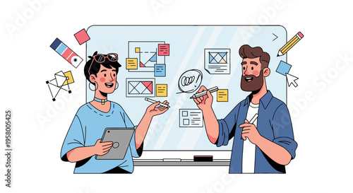 Design team collaborating on UI/UX wireframes and branding project in modern office