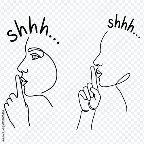 People shhh silent hush gesture one finger to mouth isolated on checkered background