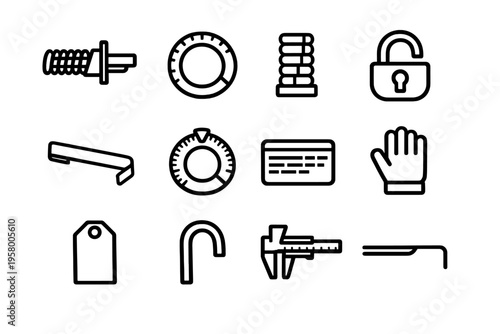 A collection of twelve minimalist line icons depicting locksmithing