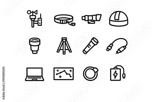 A set of twelve minimalist line icons depicting essential equipment