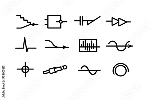 Set of twelve minimalist black line icons depicting audio signals