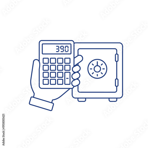 Hand Holding Calculator Near Open Safe Icon.