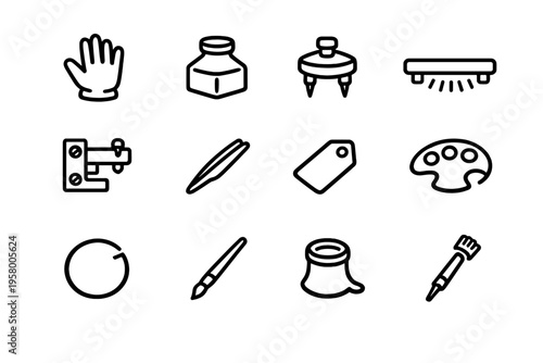 A set of twelve minimalist black line icons representing various