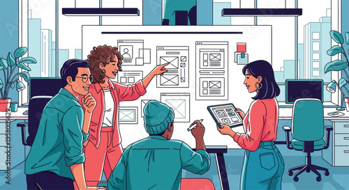 Diverse team collaborating on a digital project in a modern office setting.