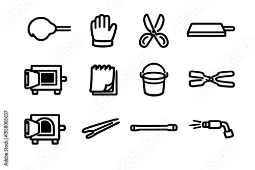 A collection of twelve black and white line icons representing