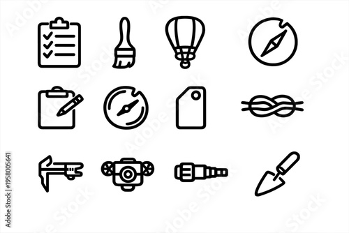 A collection of twelve minimalist black line icons representing