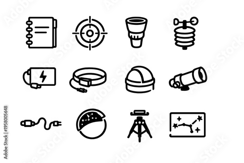 A collection of twelve minimalist line icons representing astronomy