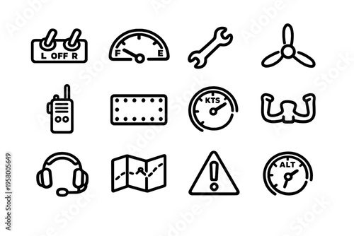 A collection of twelve minimalist black and white line icons