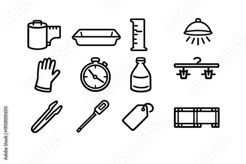 A collection of black and white line icons representing film