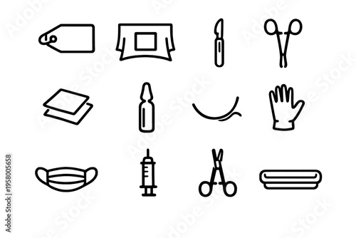 A set of twelve minimalist black line icons representing various