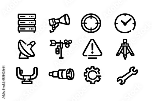 A collection of twelve minimalist black line icons on a white