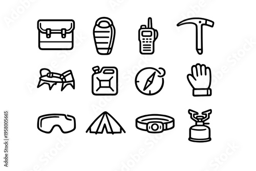 A collection of twelve black and white line art icons featuring