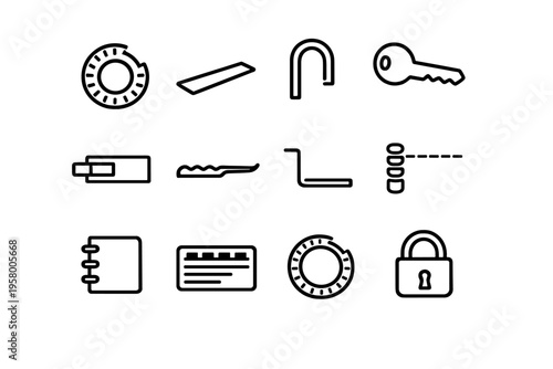 A set of twelve black line icons on a white background featuring