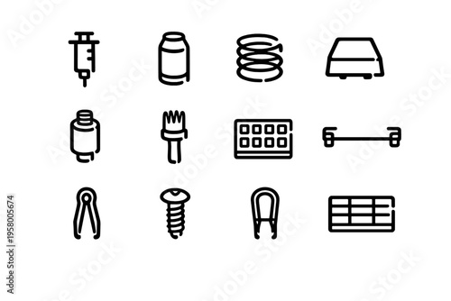 A collection of twelve minimalist black line icons representing