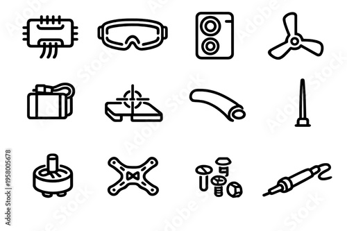 A collection of twelve minimalist line icons representing drone