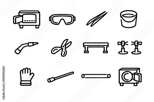 A collection of twelve minimalist black and white line icons