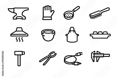 A collection of twelve black and white line icons representing