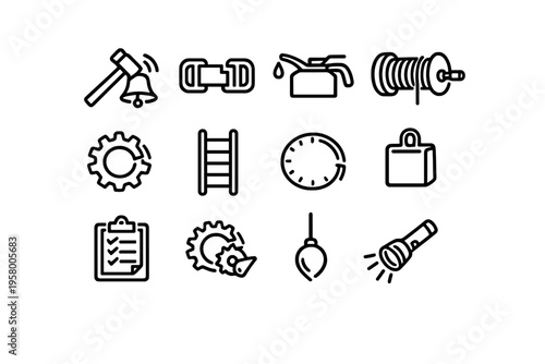 A collection of twelve minimalist black line icons representing