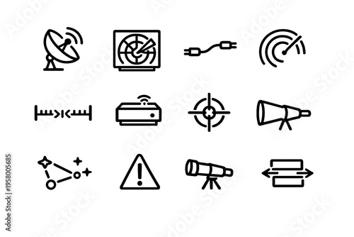 A collection of twelve minimalist black line icons on a white