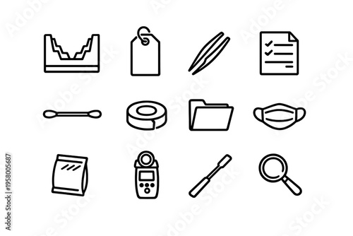 A set of twelve minimalist line icons representing forensic science