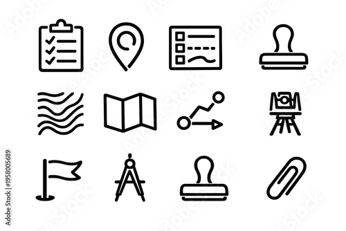 A collection of twelve minimalist black line icons on a white