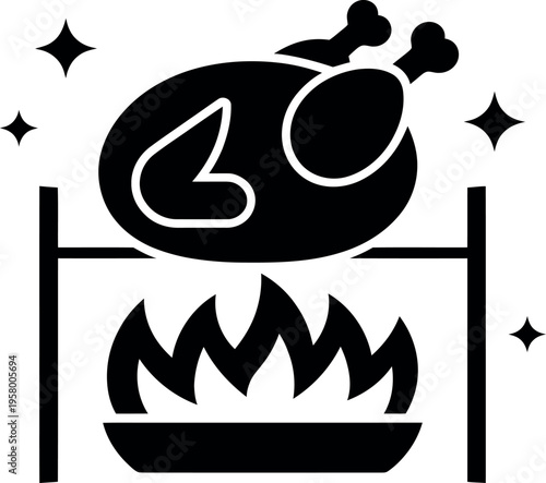 Roasted turkey being prepared on a traditional grill with flames