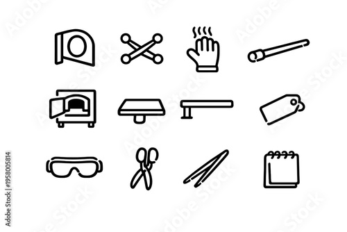 A set of twelve minimalist line icons depicting glassblowing tools