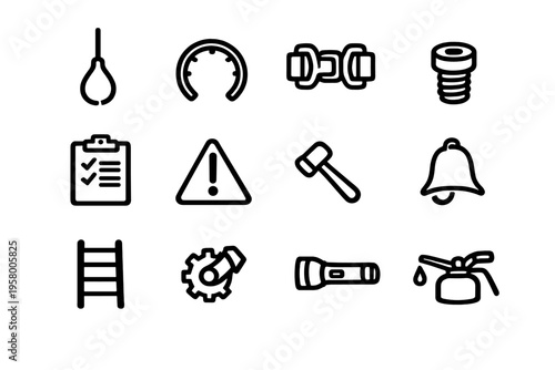 A collection of twelve black line icons representing industrial tools