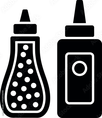 Two black and white icons of condiment bottles representing ketchup and mustard.