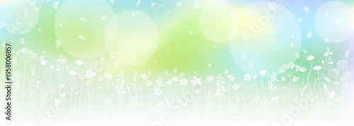 明るい緑系グラデーションといろいろな草花