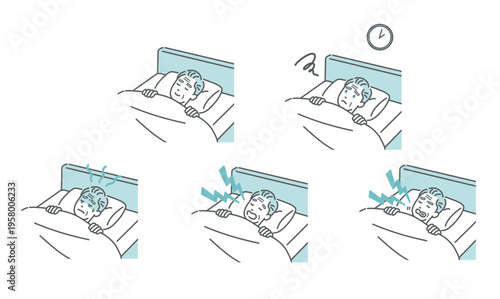 シニア男性の睡眠に関するイラストセット（安眠・不眠・いびき・歯ぎしり等）