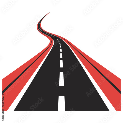 A stylized graphic illustration of a winding black asphalt road with striking red borders ahead